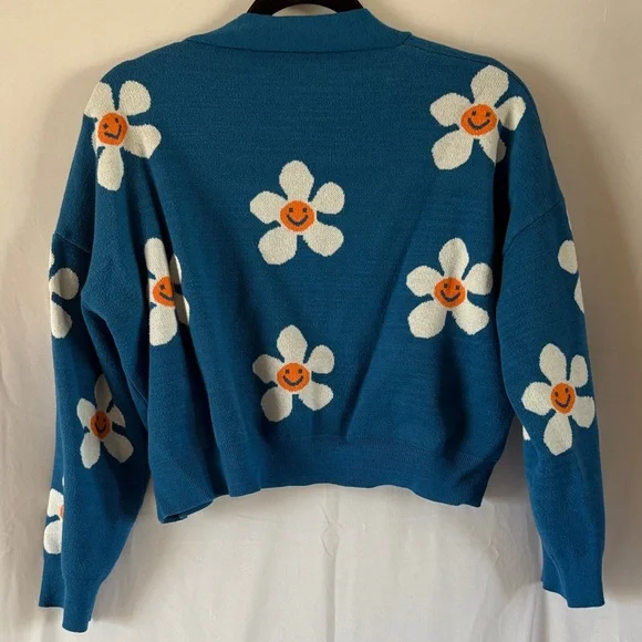 Teal Floral Smiley Cropped Button Cardigan Sweater - Picture 2 of 4
